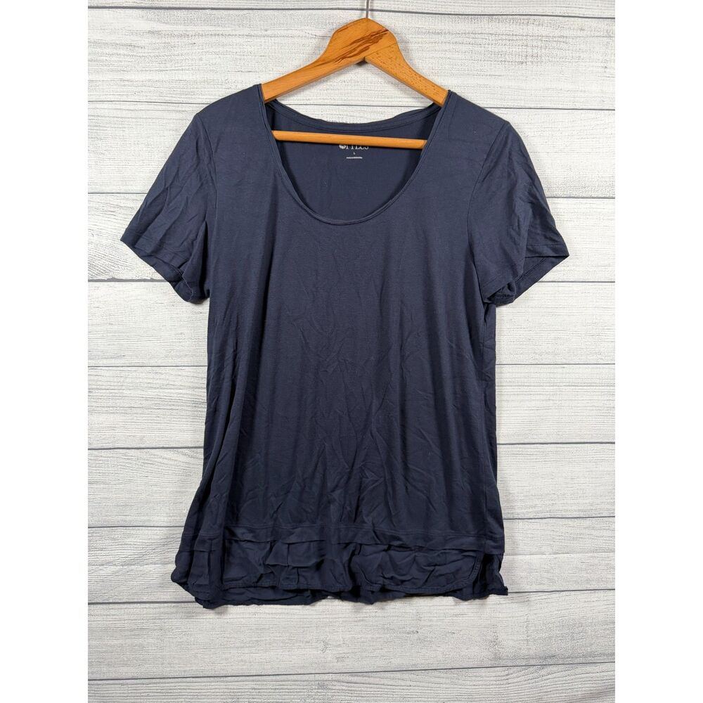 Stylus Women's L Navy Blue Mixed Media Layered Hem Short Sleeve Top 1307